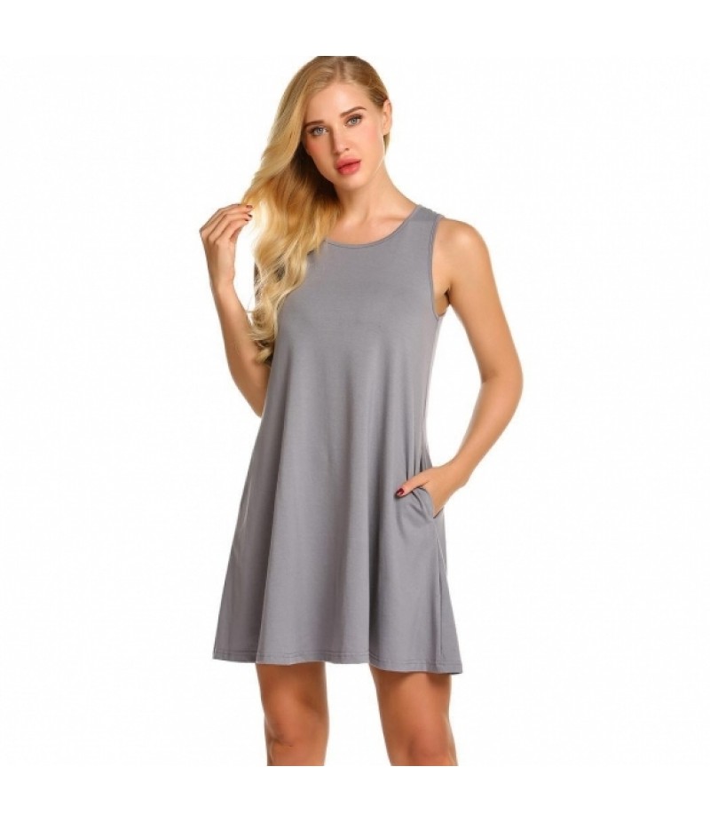 Women Sleeveless Side Pockets Casual Swing T-Shirt Dress