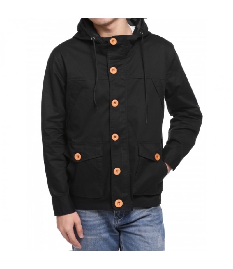 Men Long Sleeve Cotton Basic Coat Hooded Button Down Solid Casual Sports Outwear Jacket