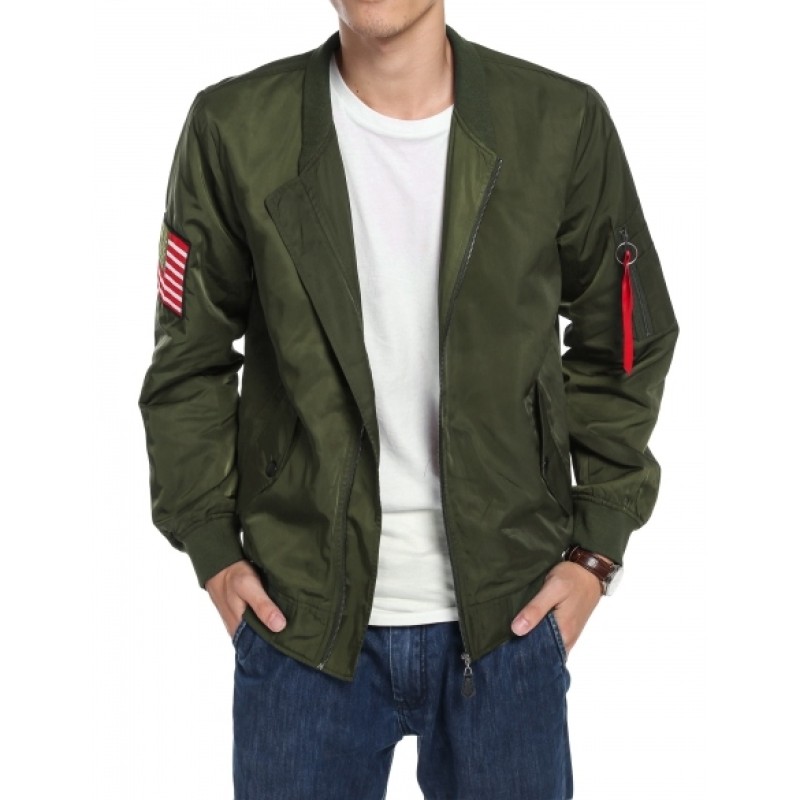 MenLong Sleeve Zip Up Bomber Jacket with Pockets Patch