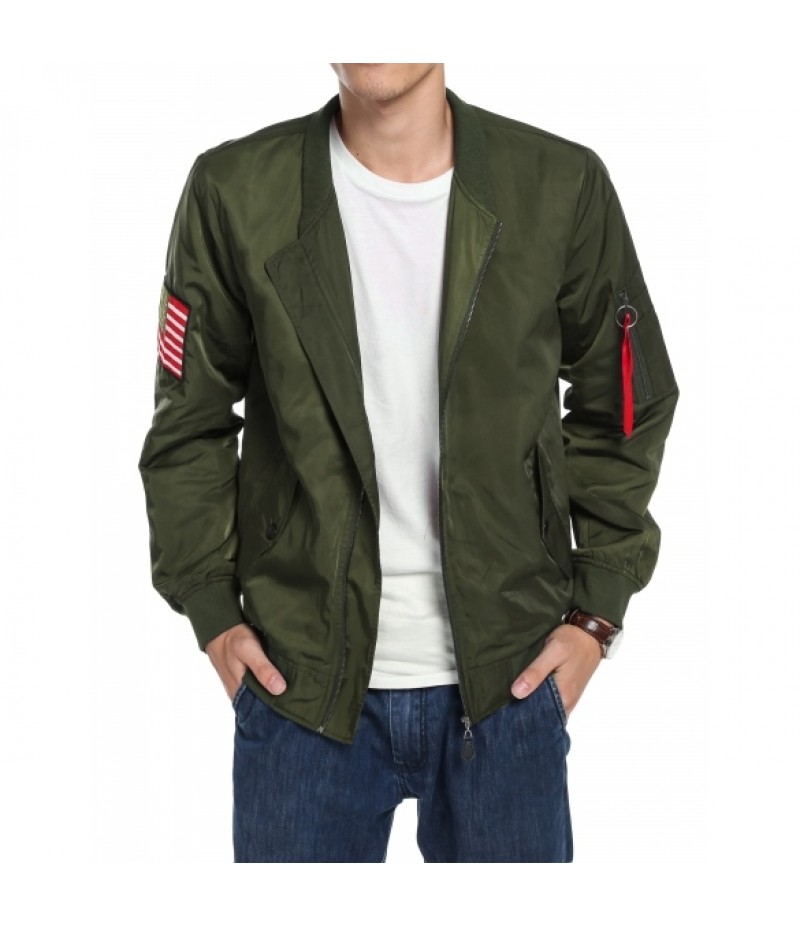 MenLong Sleeve Zip Up Bomber Jacket with Pockets Patch