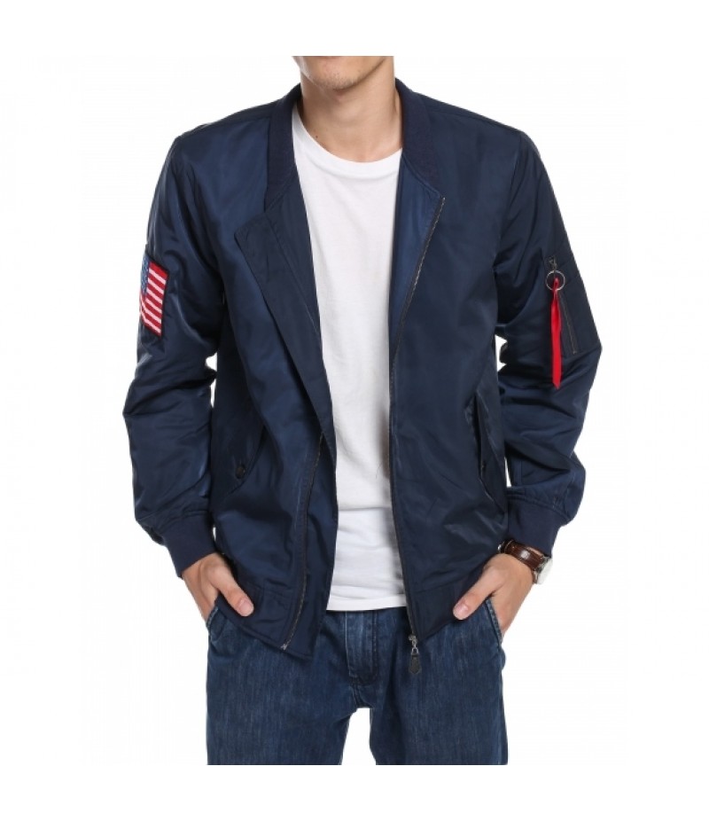 MenLong Sleeve Zip Up Bomber Jacket with Pockets Patch