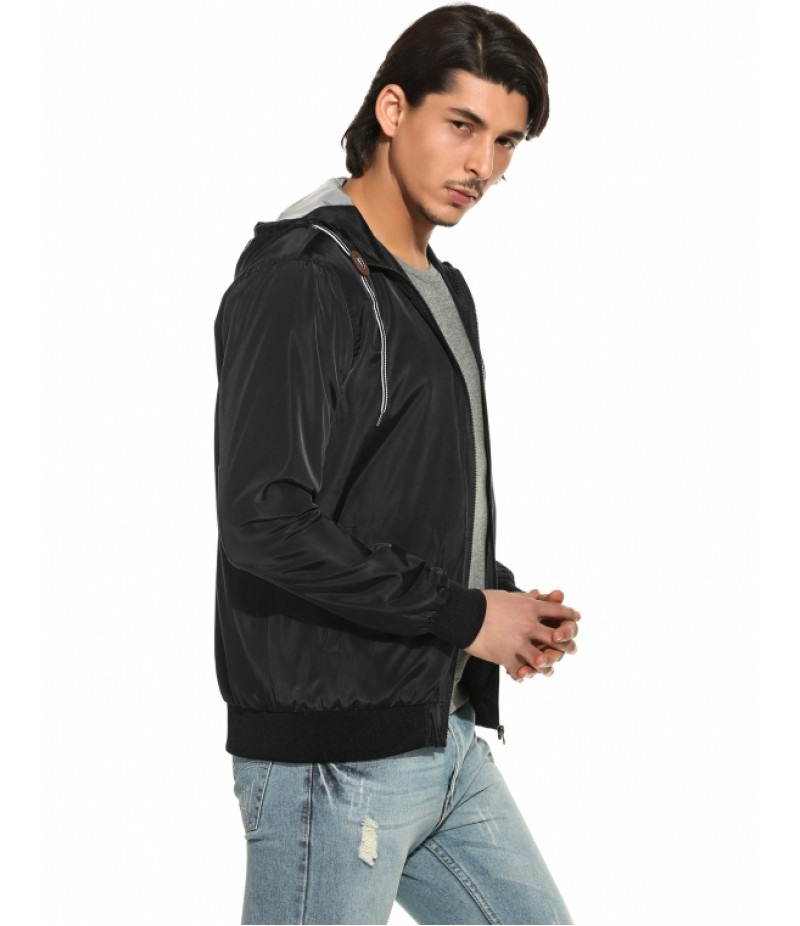 Men's Casual Long Sleeve Solid Zip-up Hooded Jacket Outerwear