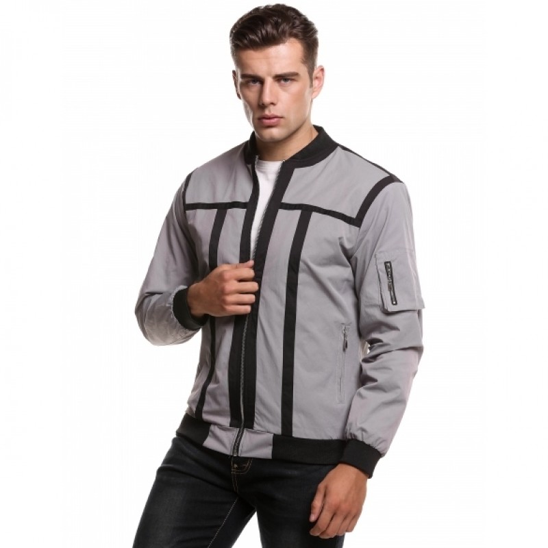 Men's Stand Neck Zip Up Contrast Color Patchwork Slim Fit Bomber Jacket