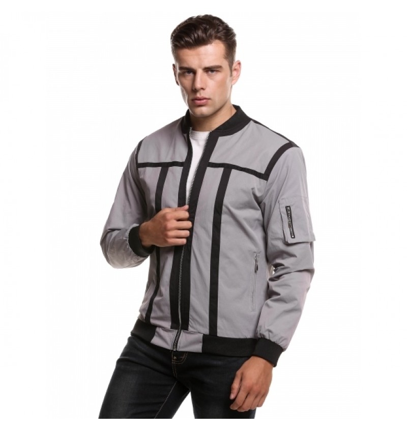 Men's Stand Neck Zip Up Contrast Color Patchwork Slim Fit Bomber Jacket