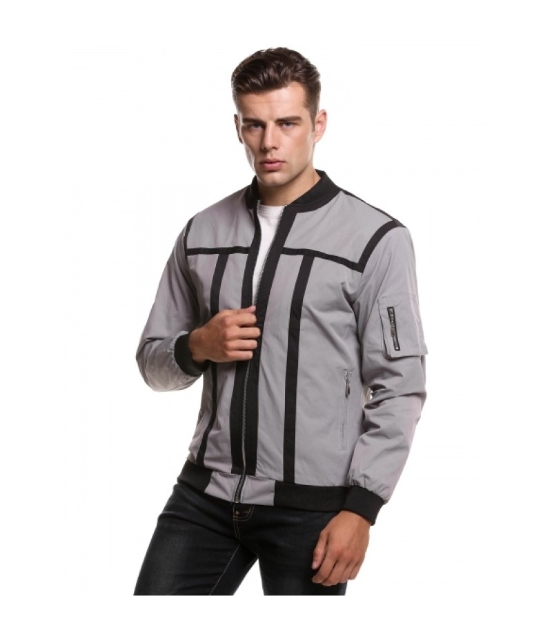 Men's Stand Neck Zip Up Contrast Color Patchwork Slim Fit Bomber Jacket