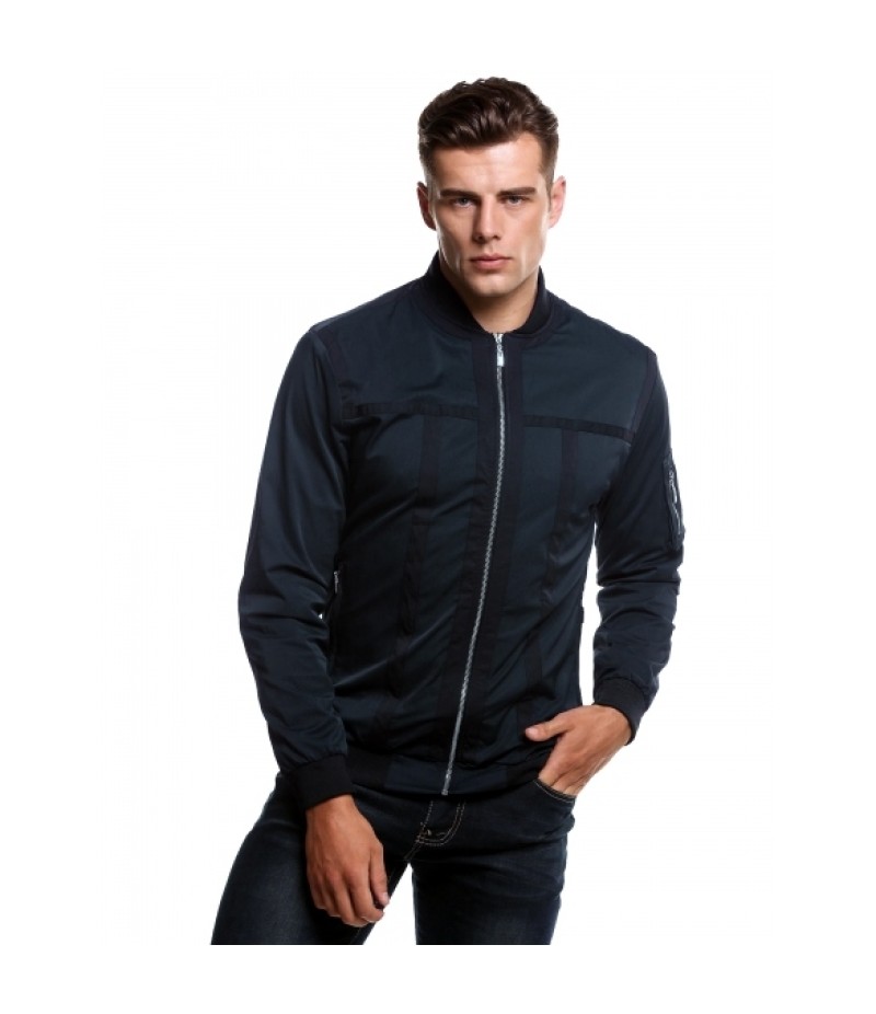 Men's Stand Neck Zip Up Contrast Color Patchwork Slim Fit Bomber Jacket