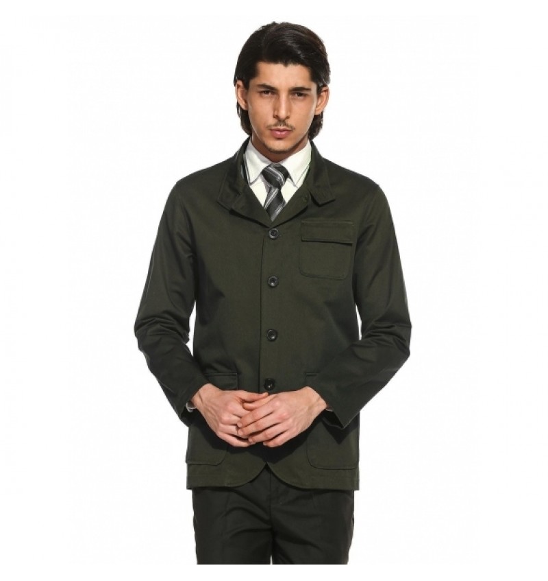 Men Casual Cotton Stand Collar Button Down Solid Military Jacket