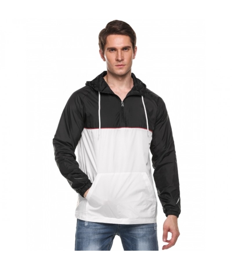 Sports Hooded Long Sleeve Contrast Color Patchwork Windbreaker Pullover Jacket