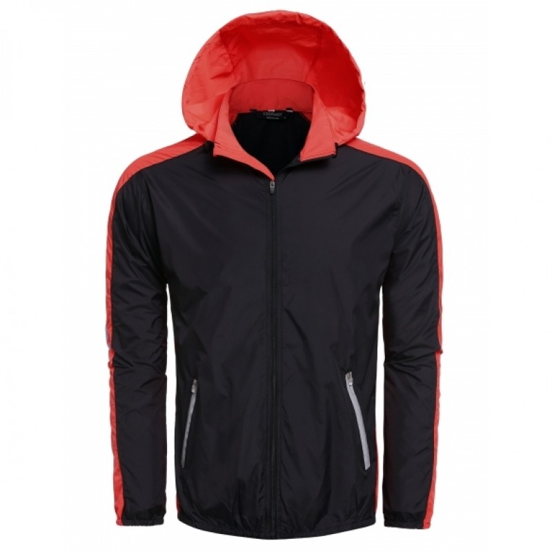 Men Outdoor Sports Hooded Long Sleeve Contrast Color Patchwork Zip-up Jacket