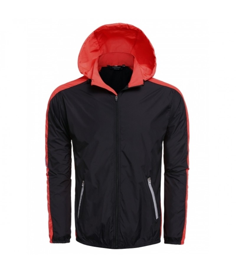 Men Outdoor Sports Hooded Long Sleeve Contrast Color Patchwork Zip-up Jacket