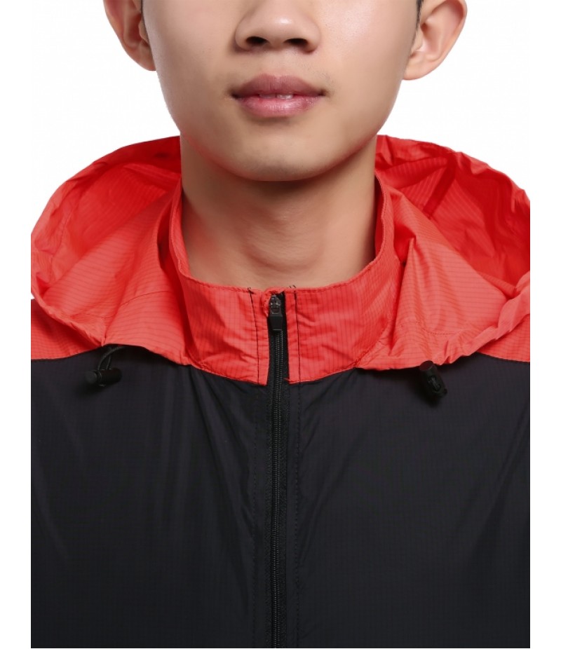 Men Outdoor Sports Hooded Long Sleeve Contrast Color Patchwork Zip-up Jacket