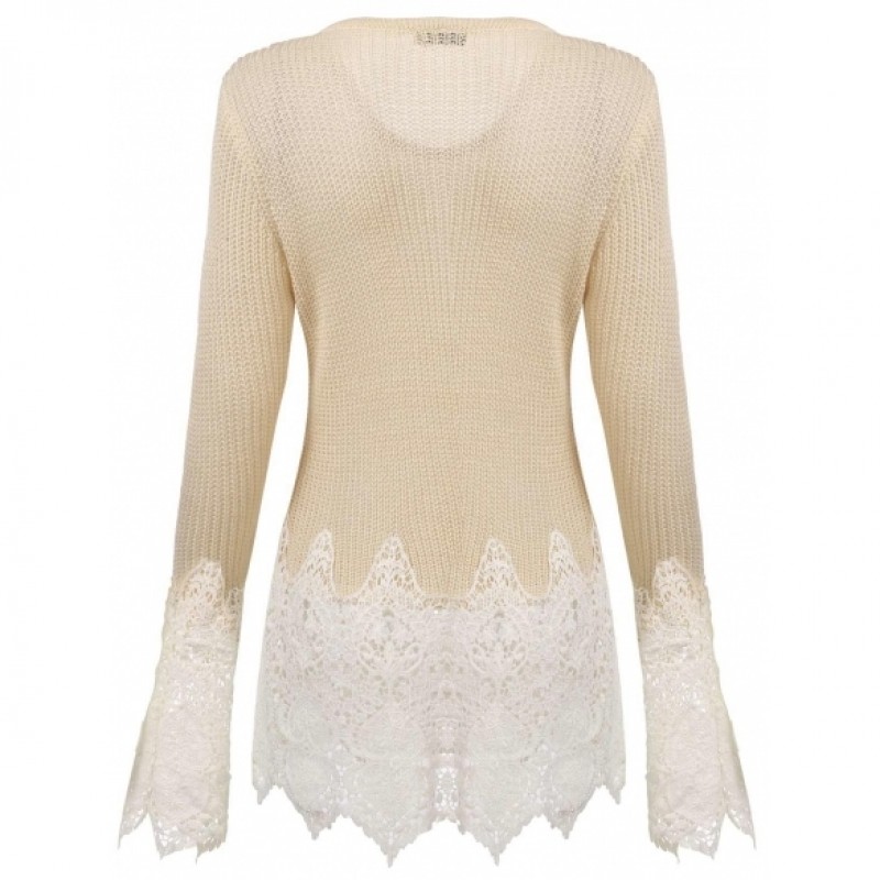 Long Sleeve Cable Knitted Lace Patchwork O Neck Slim Fit Sweaters