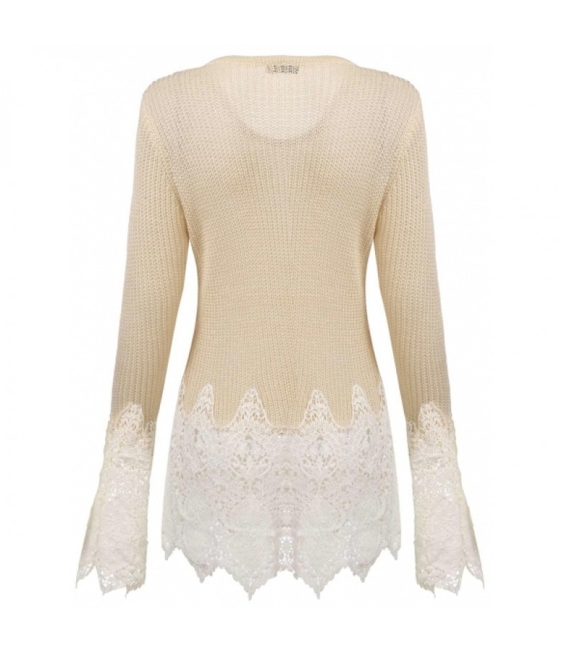 Long Sleeve Cable Knitted Lace Patchwork O Neck Slim Fit Sweaters