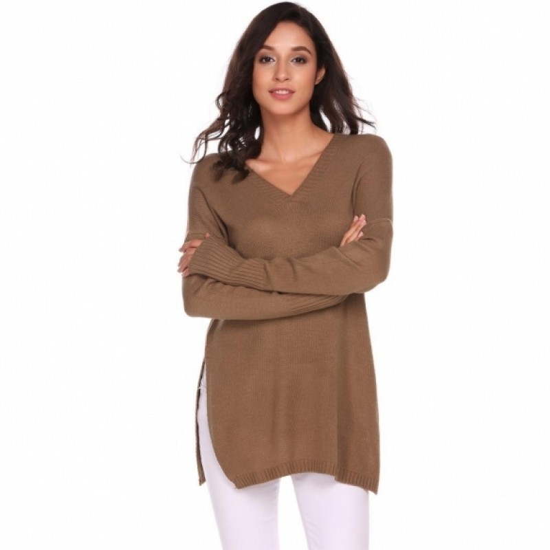 Long Sleeve V Neck Solid Split Loose Kint Pullover Sweaters