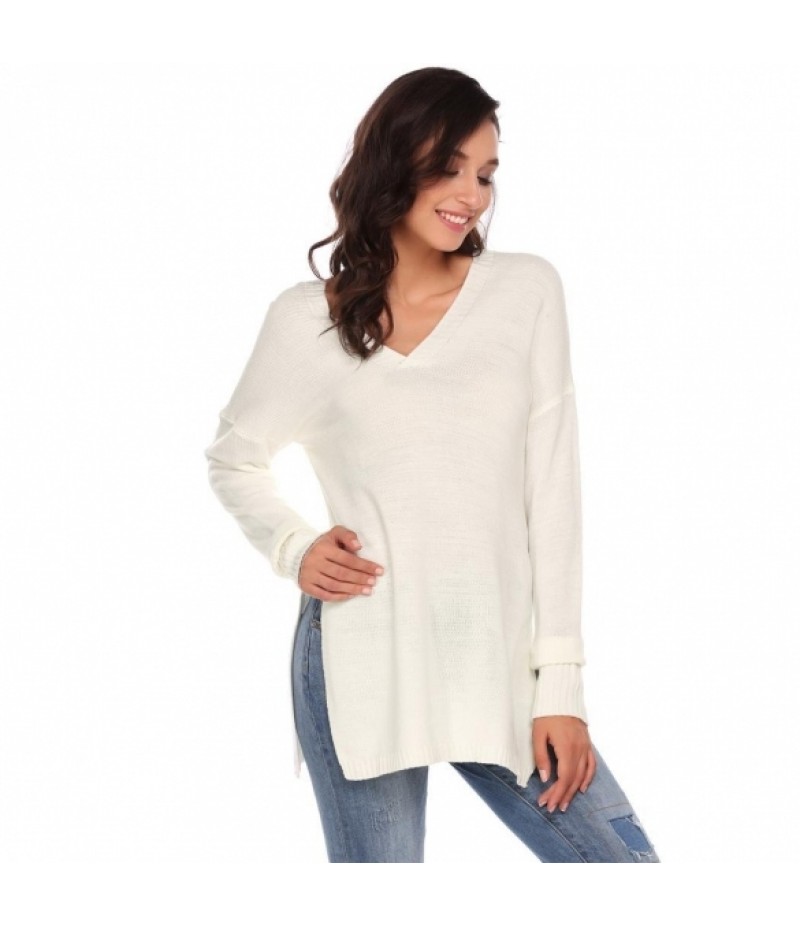 Long Sleeve V Neck Solid Split Loose Kint Pullover Sweaters