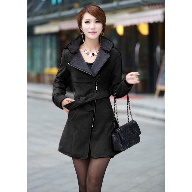 Fashion Women Casual Solid Wool Blend Long Coat Trench Outwear With Belt