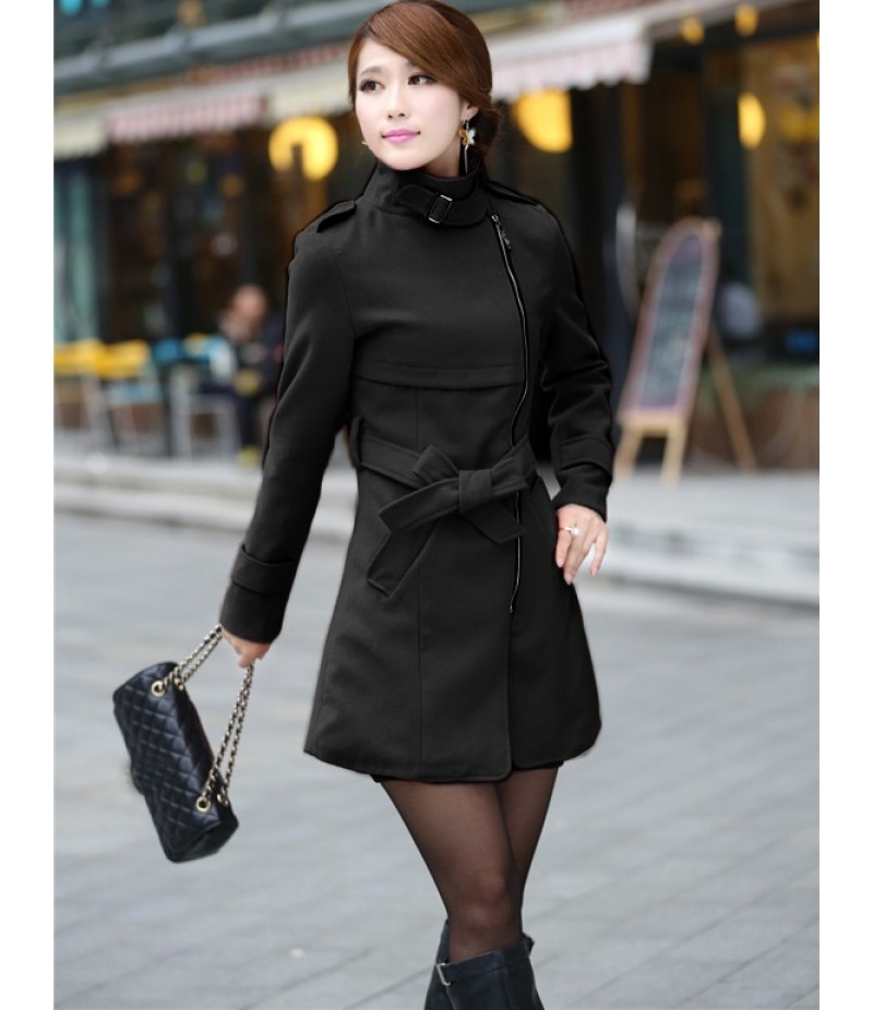 Fashion Women Casual Solid Wool Blend Long Coat Trench Outwear With Belt