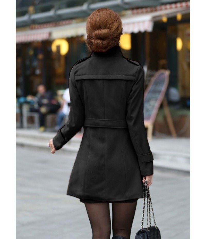 Fashion Women Casual Solid Wool Blend Long Coat Trench Outwear With Belt