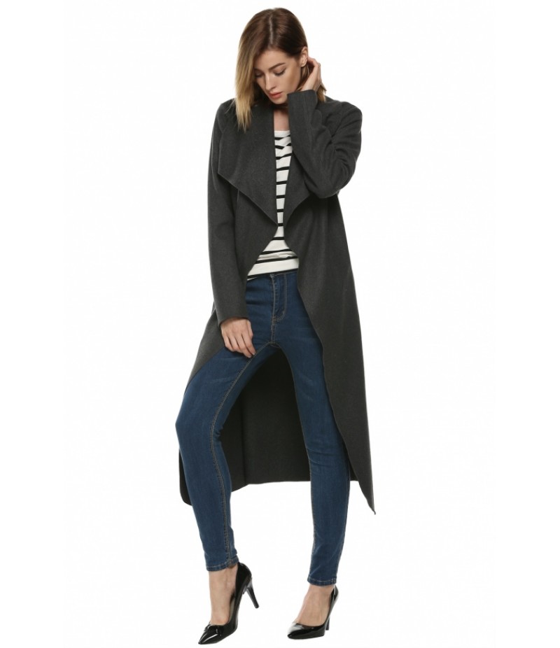 CoolWomen Autumn Winter Long Wool Coat With Belt