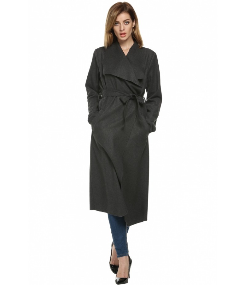 CoolWomen Autumn Winter Long Wool Coat With Belt