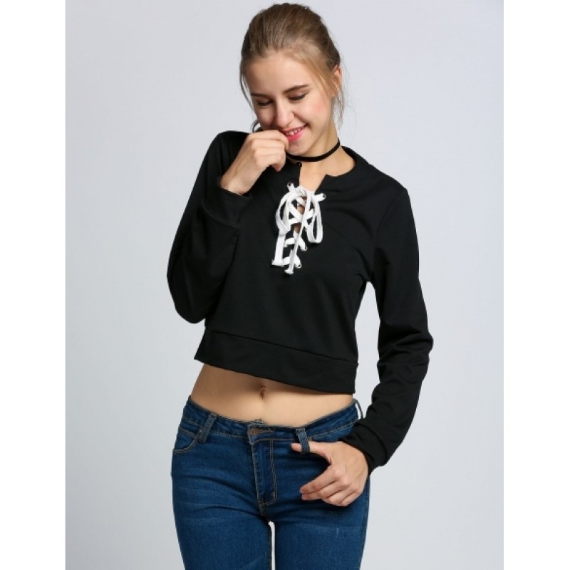 Women V Neck Long Sleeve Front Cross-weave Hoodie Cropped Sweatshirt																					100% Brand New Material: cotton 2 Color