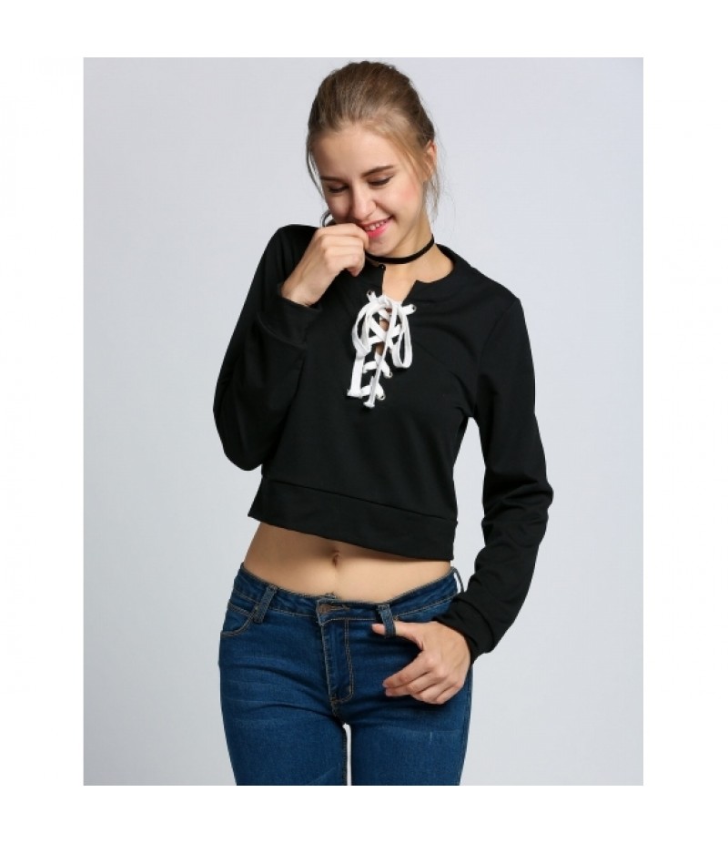 Women V Neck Long Sleeve Front Cross-weave Hoodie Cropped Sweatshirt																					100% Brand New Material: cotton 2 Color