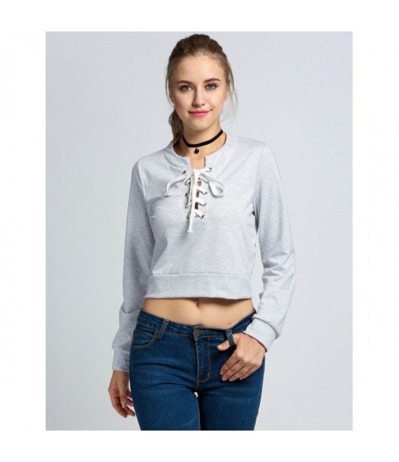 Women V Neck Long Sleeve Front Cross-weave Hoodie Cropped Sweatshirt																					100% Brand New Material: cotton 2 Color