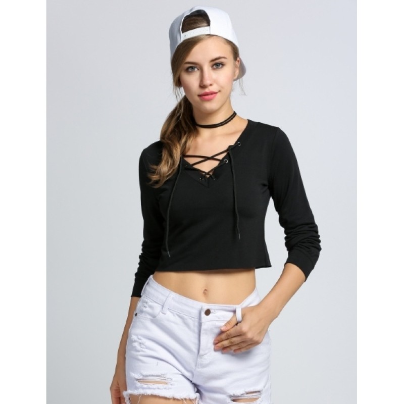 NewWomen Casual Lace-up Bandage Long Sleeve Crop Top Sweatshirt