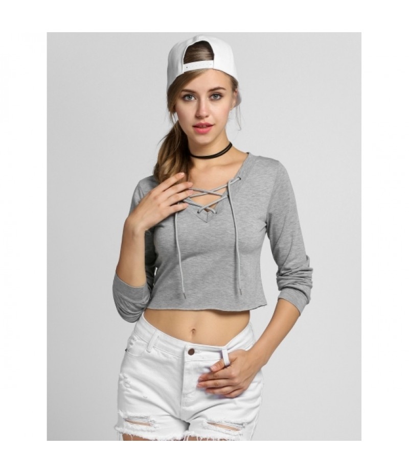 NewWomen Casual Lace-up Bandage Long Sleeve Crop Top Sweatshirt