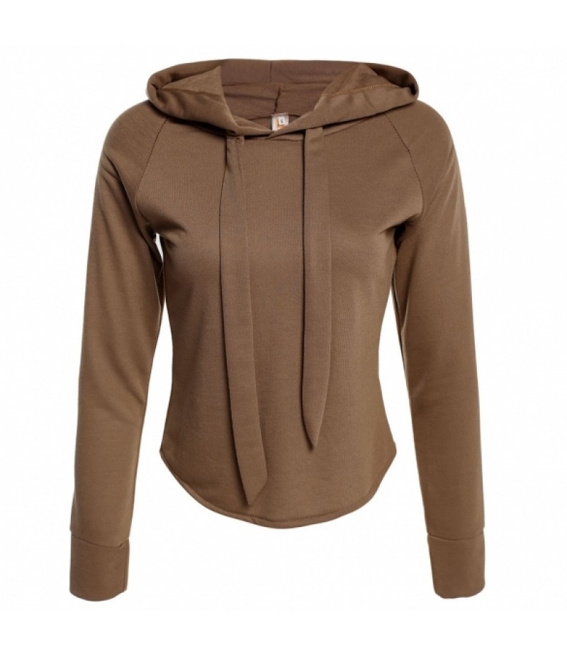 WomenCasual Hooded Long Sleeve Cropped Solid Pullover Hoodie