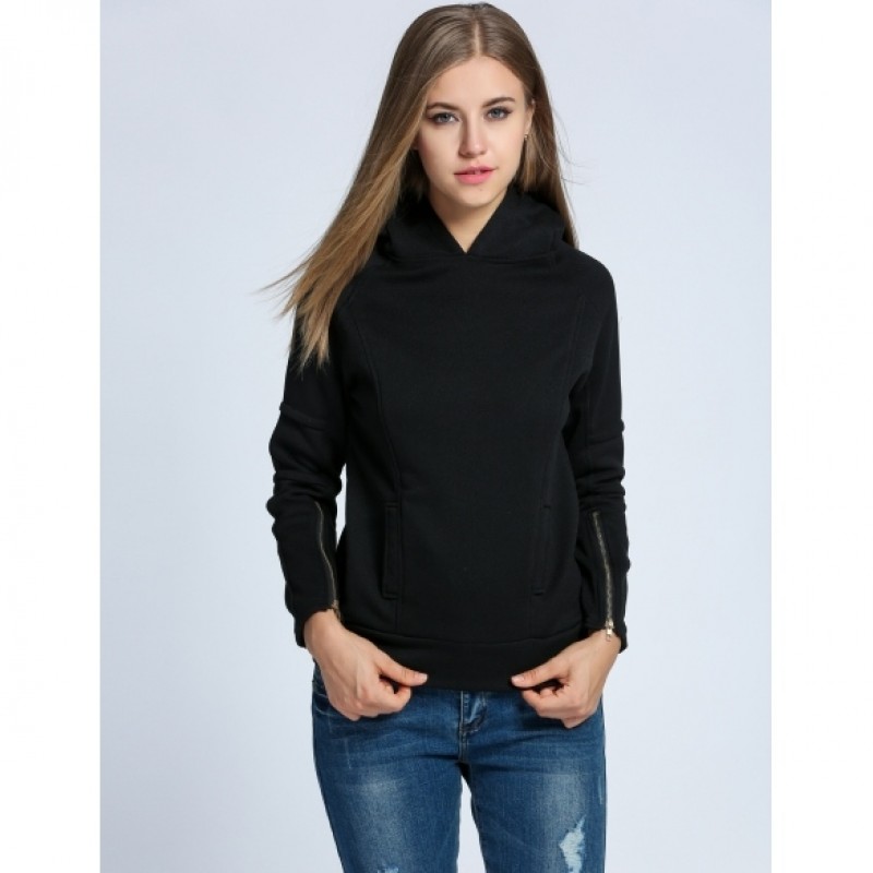 Women Casual Hooded Zip Long Sleeve Fleece Solid Pullover Hoodie Sweatshirt