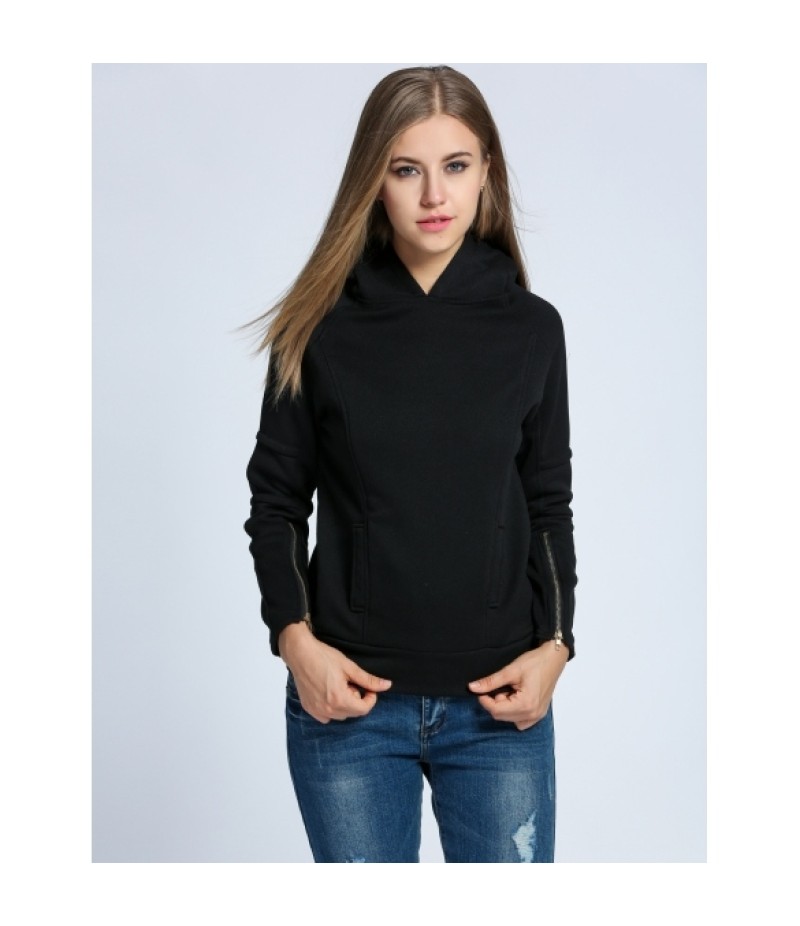 Women Casual Hooded Zip Long Sleeve Fleece Solid Pullover Hoodie Sweatshirt