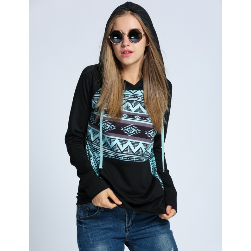 Women Casual Drawstring Hooded Raglan Sleeve Print Pullover Hoodie Sweatshirt