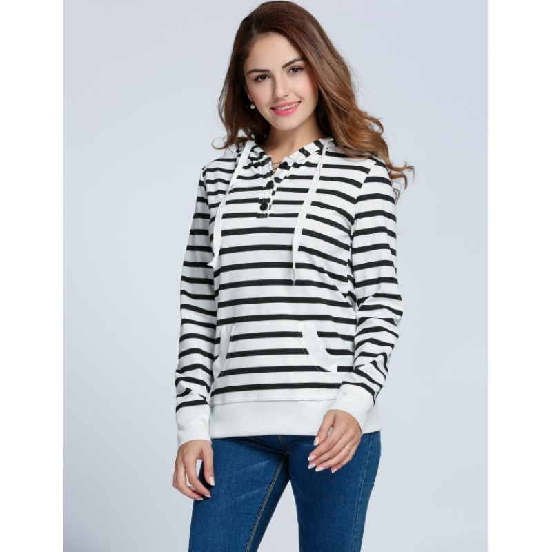 Fashion Women Hooded Long Sleeve Striped Pullover Casual Hoodie Sweatshirt