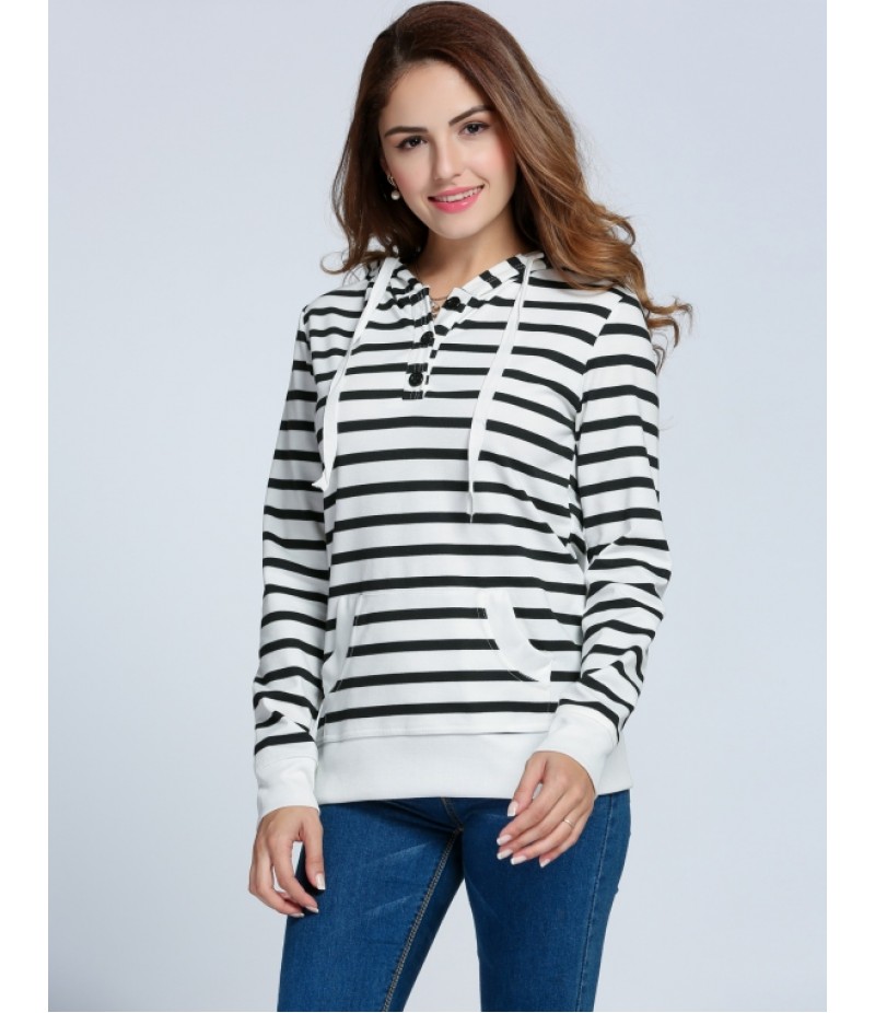 Fashion Women Hooded Long Sleeve Striped Pullover Casual Hoodie Sweatshirt