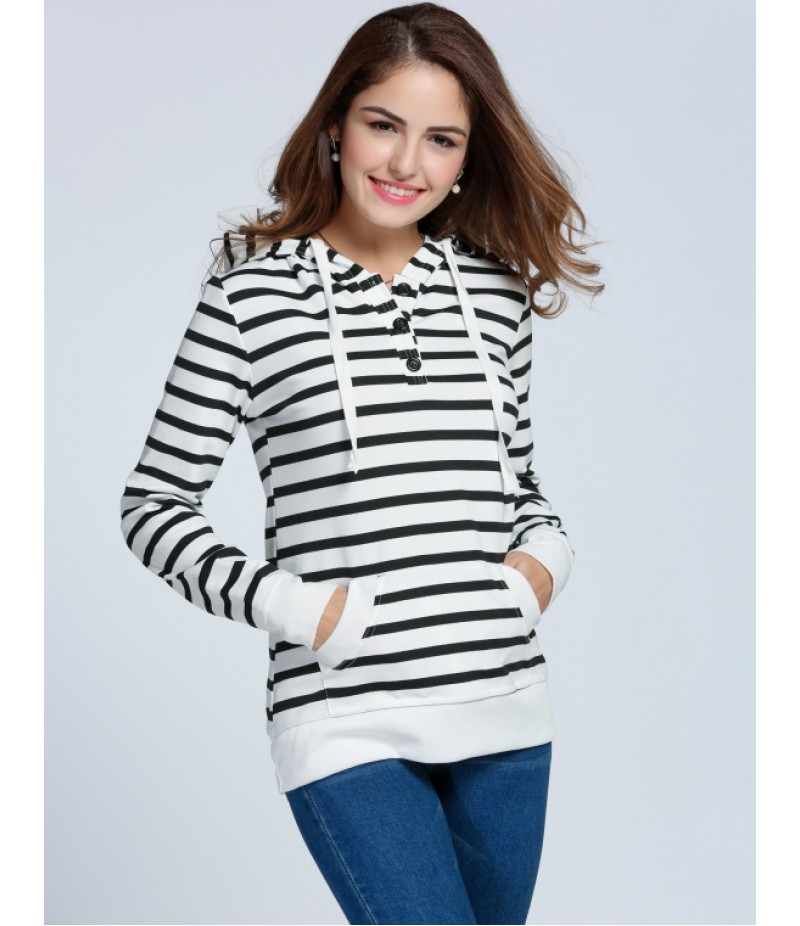 Fashion Women Hooded Long Sleeve Striped Pullover Casual Hoodie Sweatshirt