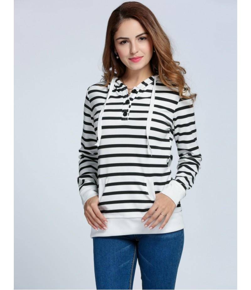 Fashion Women Hooded Long Sleeve Striped Pullover Casual Hoodie Sweatshirt