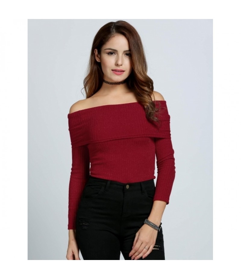 New Charming Women Off-shoulder Long Sleeve Sweater Knitting Slim Casual Basic Pullover Tops