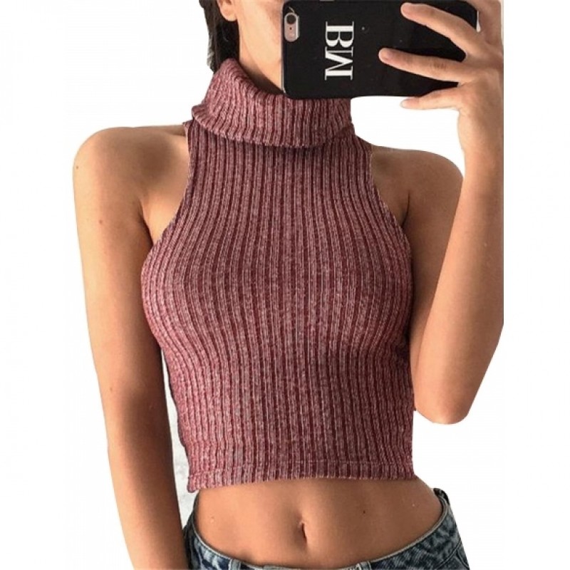 NewWomen Casual Turtle Neck Sleeveless Exposed Navel Solid Knitted Charming Tops Vest