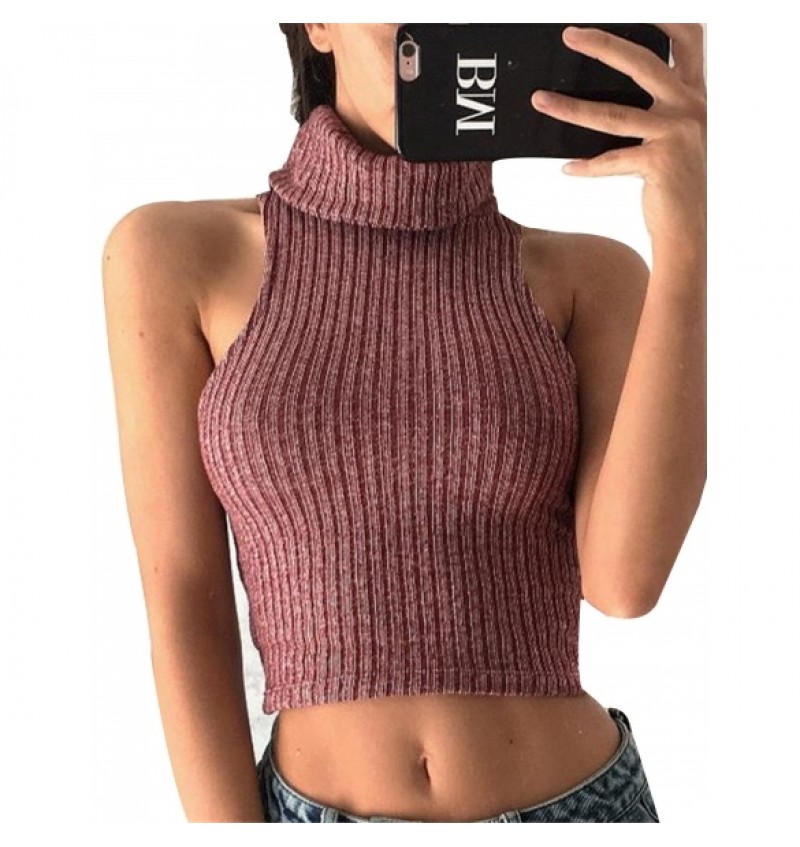 NewWomen Casual Turtle Neck Sleeveless Exposed Navel Solid Knitted Charming Tops Vest