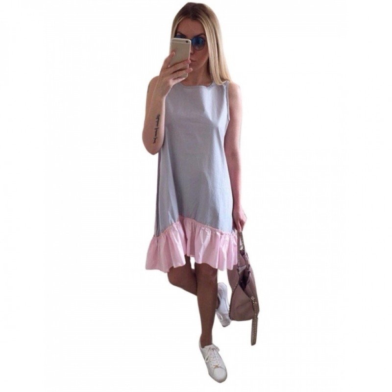 Womens Summer O-Neck Sleeveless Patchwork Ruffles Casual Loose Dress