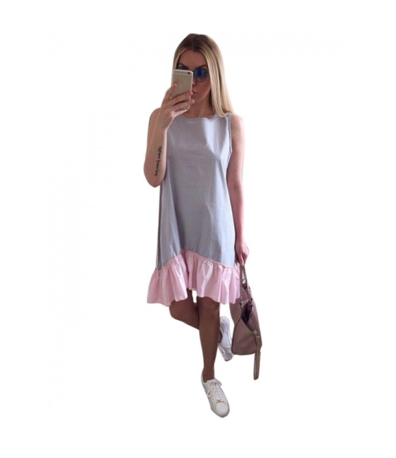 Womens Summer O-Neck Sleeveless Patchwork Ruffles Casual Loose Dress