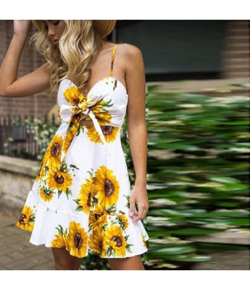 Women Charming Spaghetti Strap Sunflower Pattern Ruffled Hem Dress