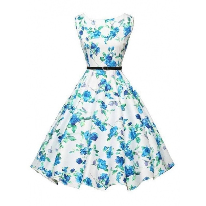 O-Neck Sleeveless Floral Swing Party Dress with Belt