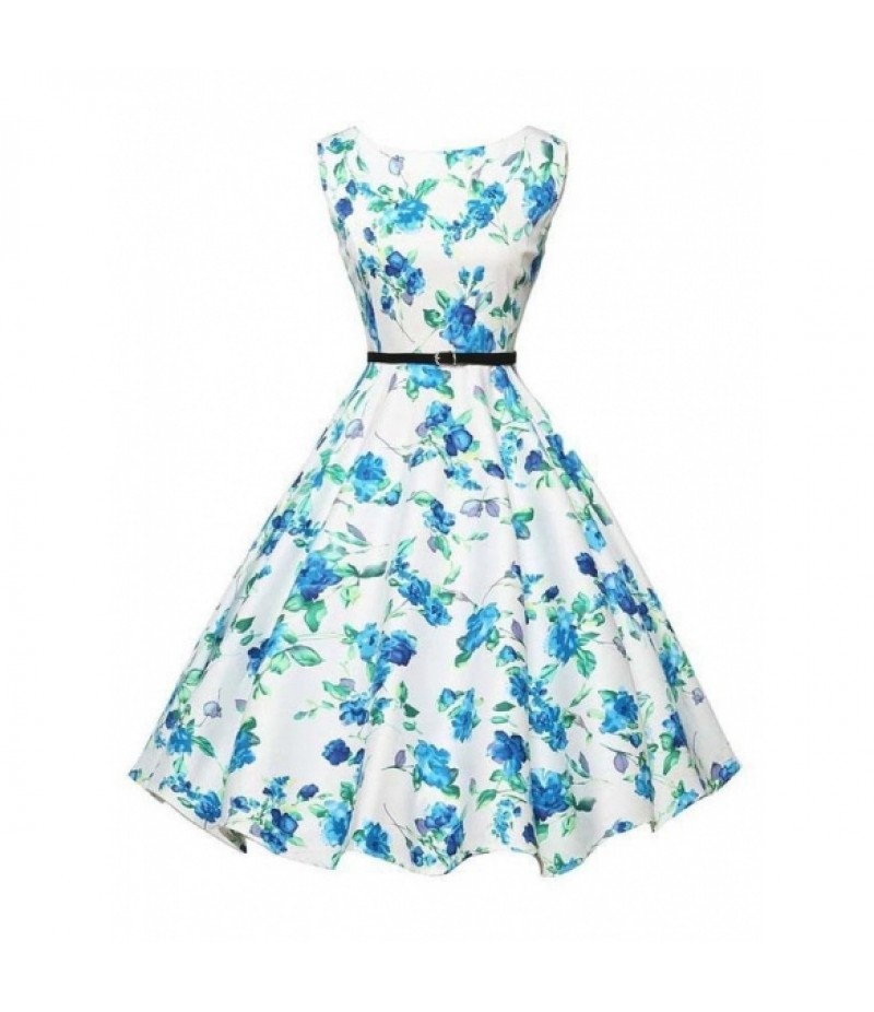 O-Neck Sleeveless Floral Swing Party Dress with Belt