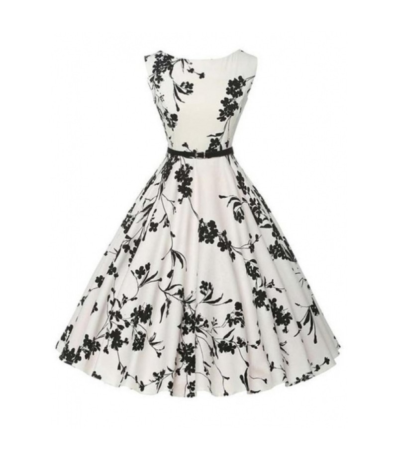 O-Neck Sleeveless Floral Swing Party Dress with Belt