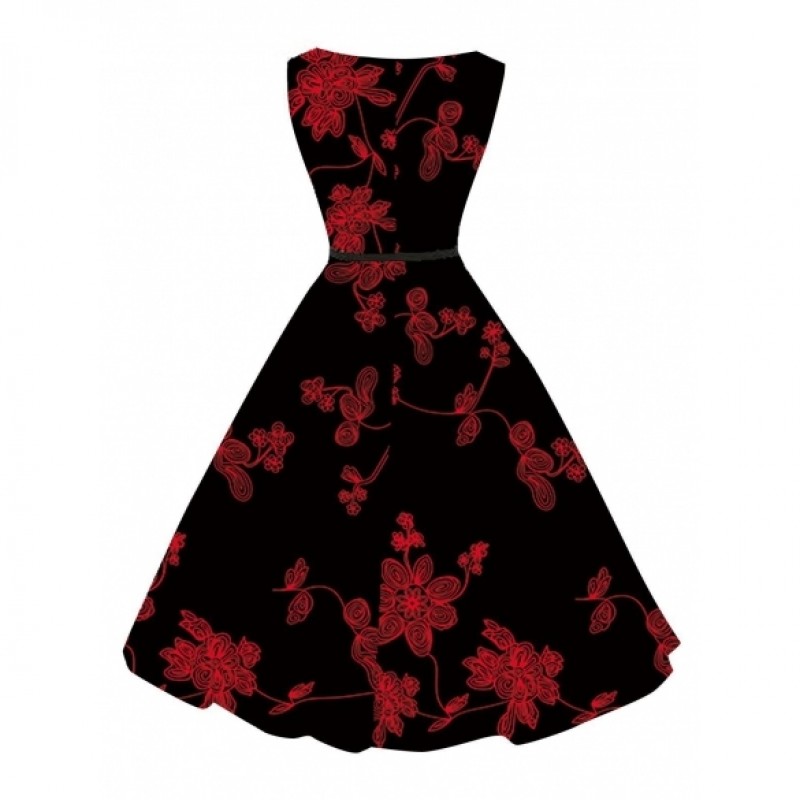 1950s Vintage O-Neck Sleeveles Floral Swing Party Dress with Belt