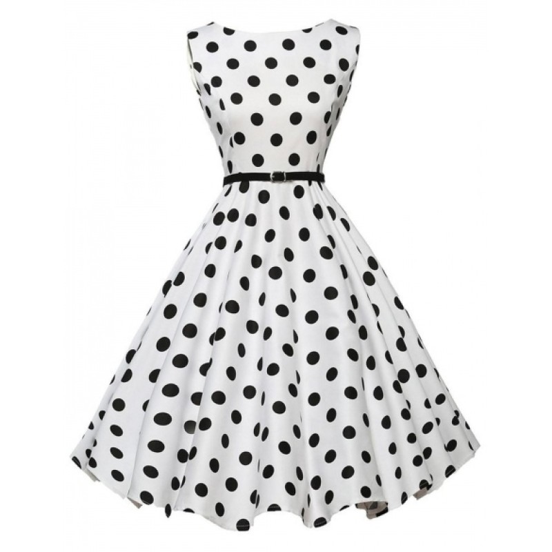 1950s Vintage O-Neck Sleeveless Polka Dot Swing Party Dress with Belt