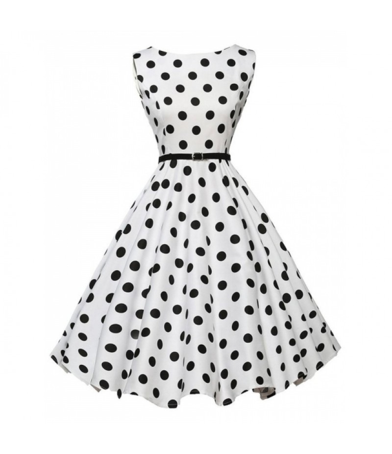 1950s Vintage O-Neck Sleeveless Polka Dot Swing Party Dress with Belt