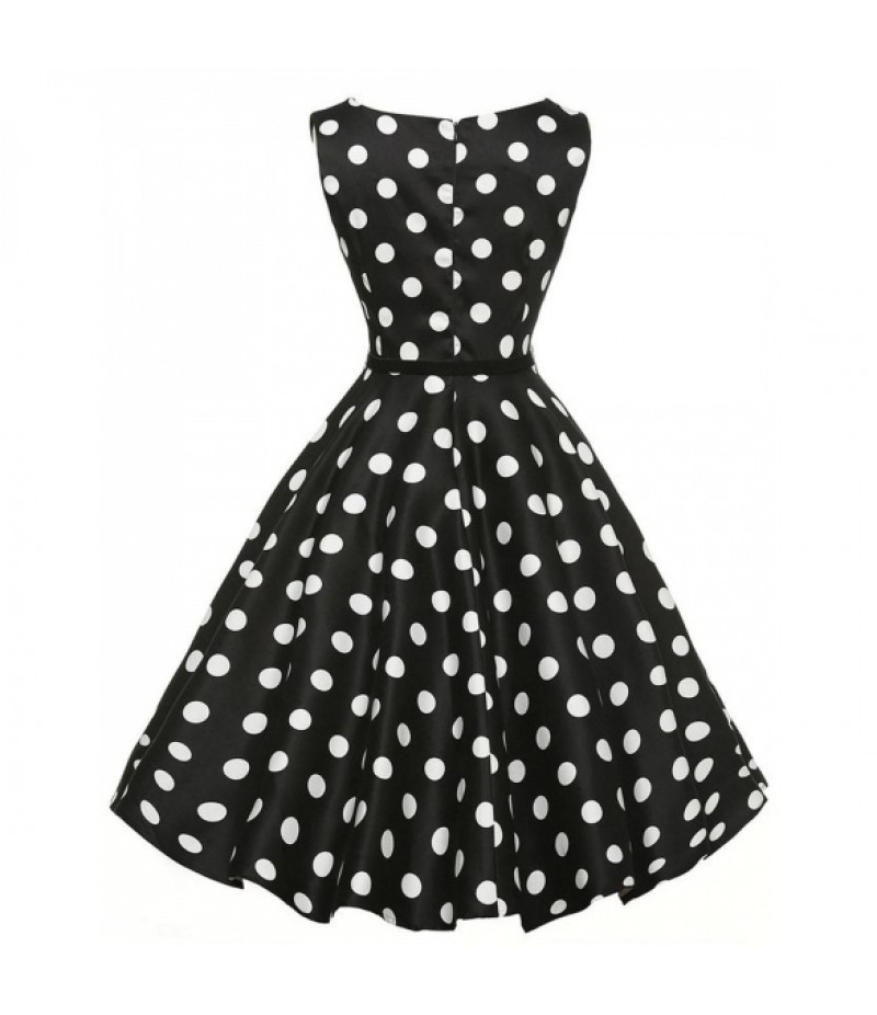 1950s Vintage O-Neck Sleeveless Polka Dot Swing Party Dress with Belt